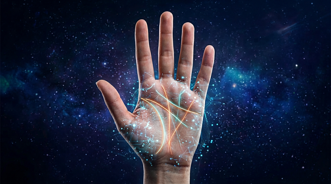 Illustration of AI palm line scanning with cosmic glow