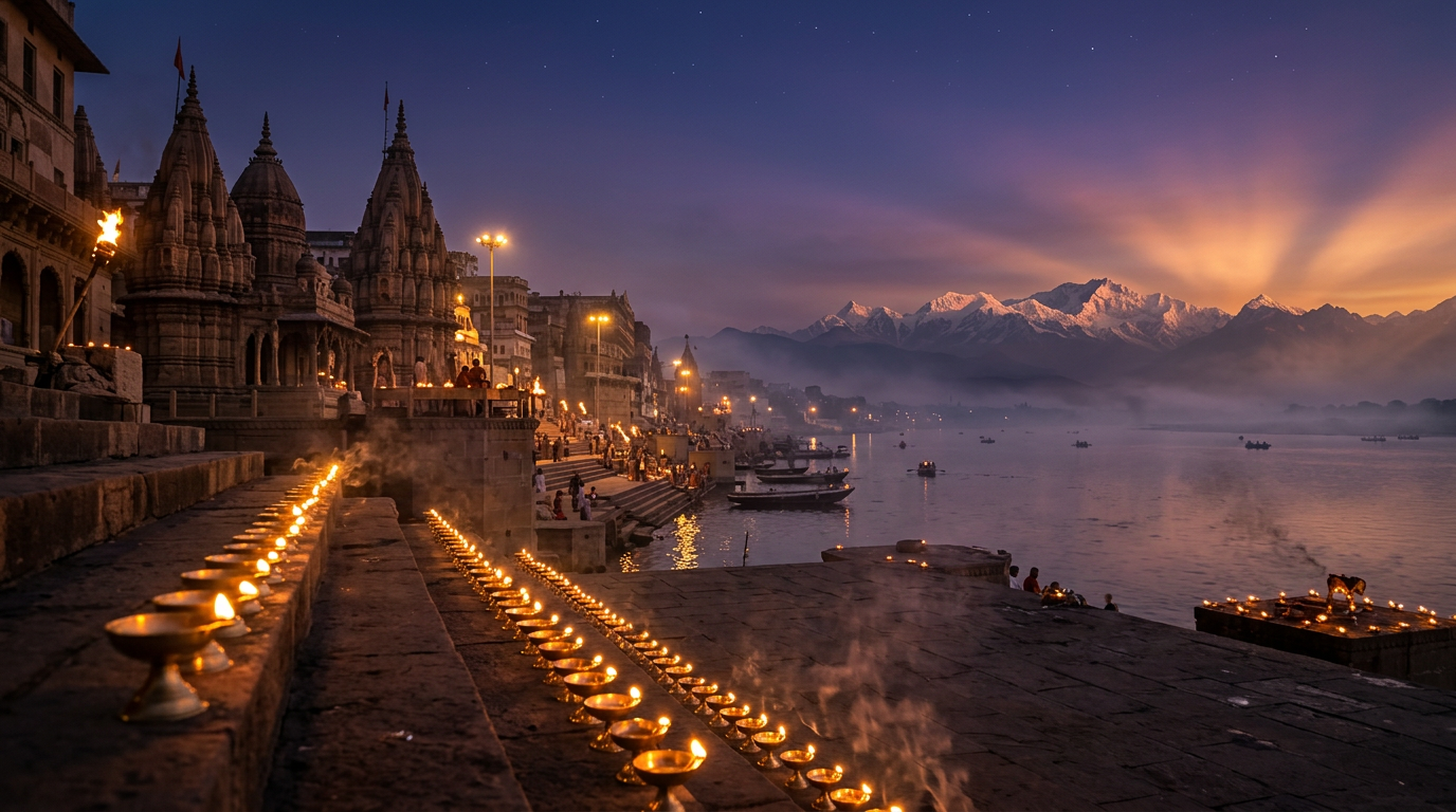 Temple lamps and evening aarti atmosphere for live darshan