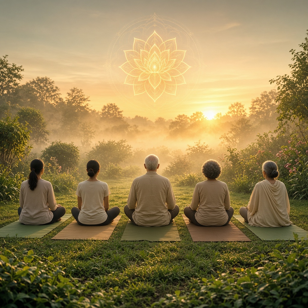 A small group meditating in lotus pose in a green garden at sunrise