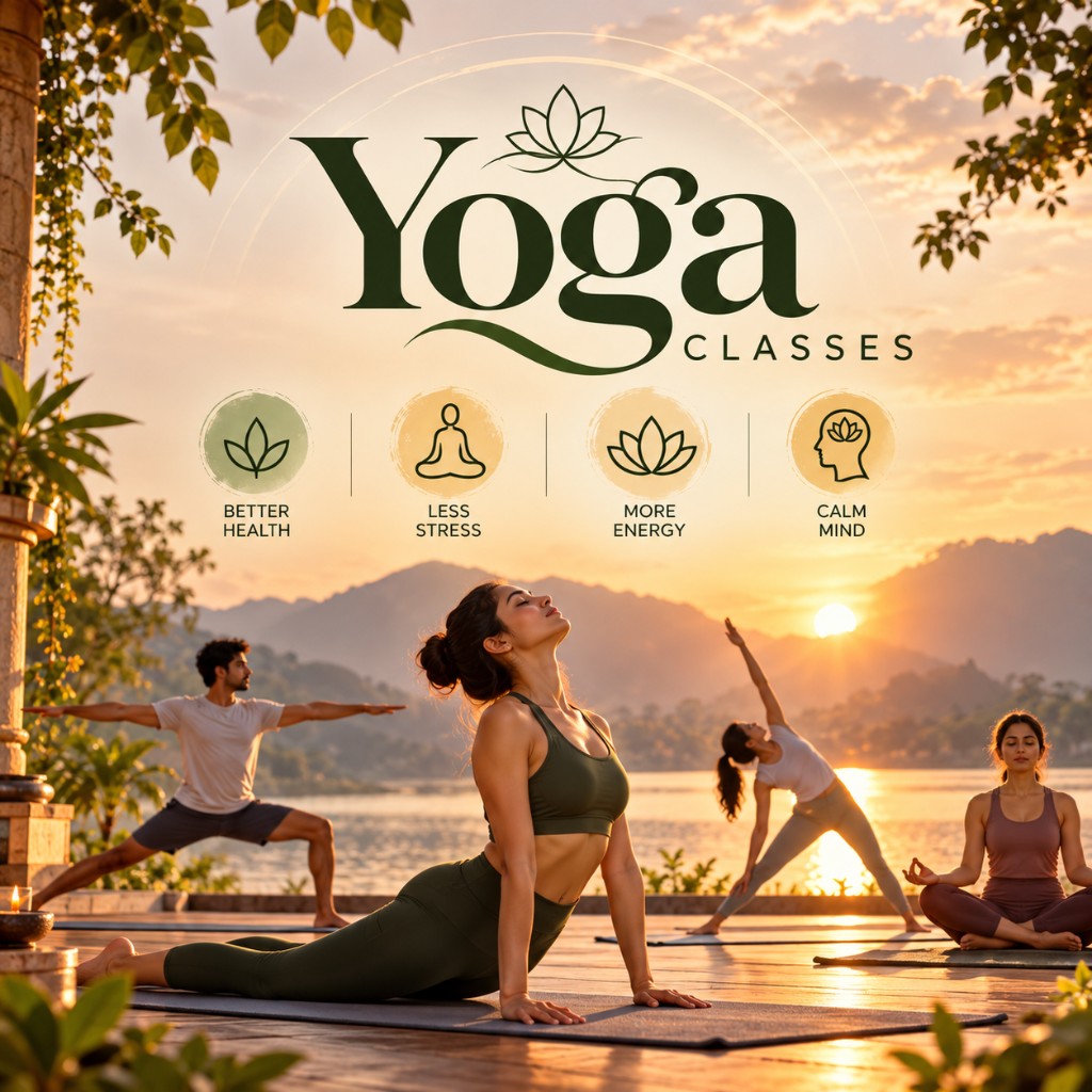 Yoga classes by the lake at sunset, for better health, less stress, more energy, and a calm mind